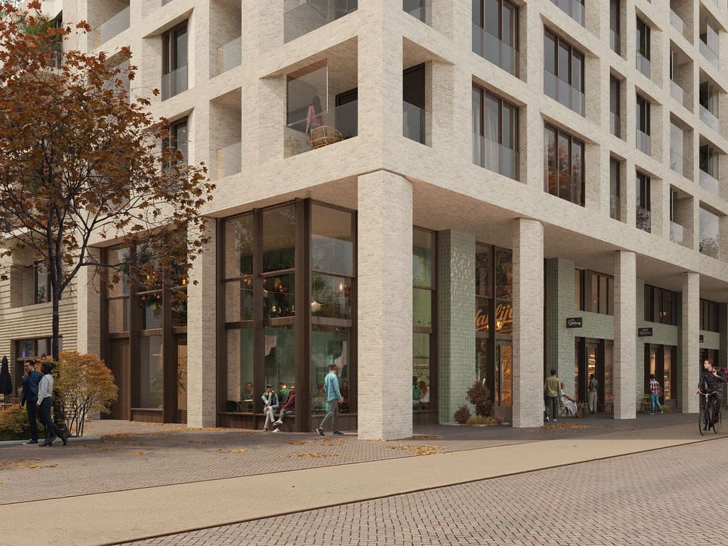 Impressie van VrIJ, wonen aan het IJ: een licht woongebouw met een hoge, open plint aan de straat