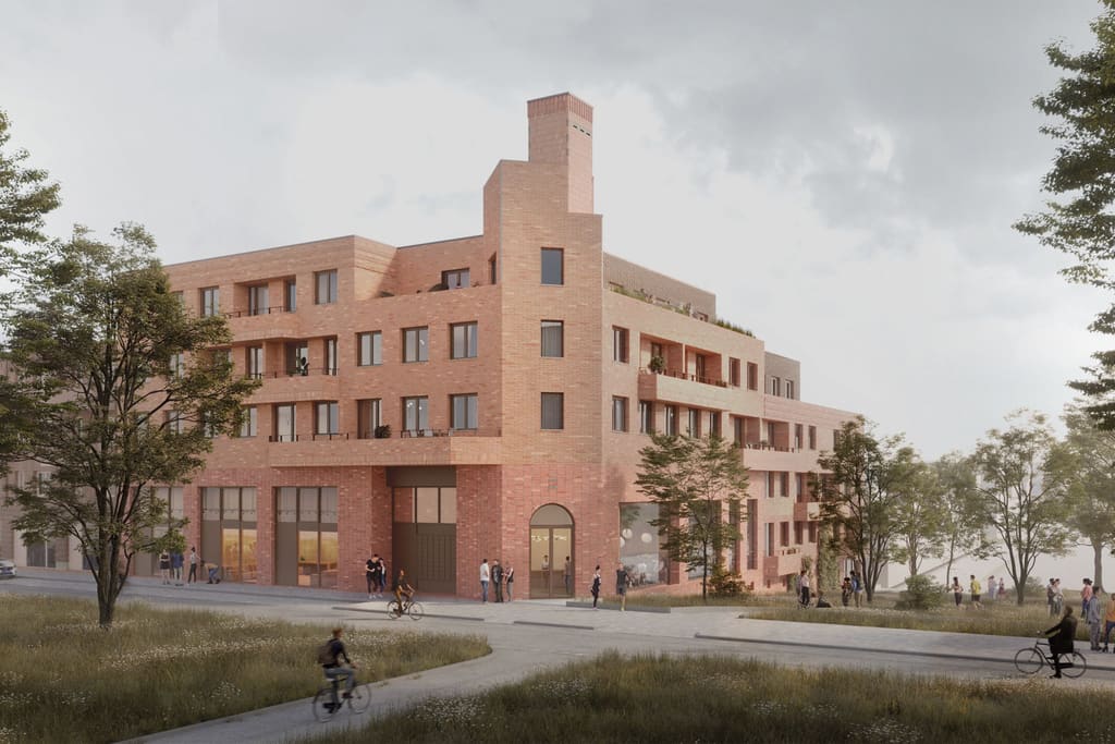 Impressie van Leeuwepoort: hoekblok in gerecyclede rode baksteen met een getrapte toren aan een groene straat
